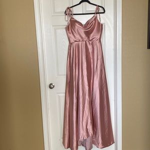 Strappy Slit Satin Dress Long Formal Evening Ball Gowns w/ Pockets- Dusty Rose